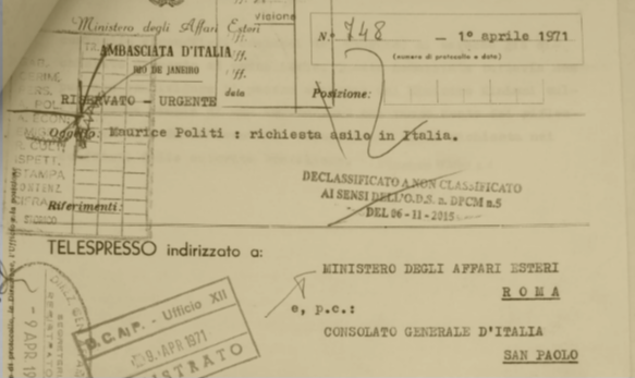 Militante da ALN, Maurice Politi foi detido aos 21 anos, em 1970; pedido de asilo político realizado por sua família foi encontrado no Arquivo Histórico da Farnesina
