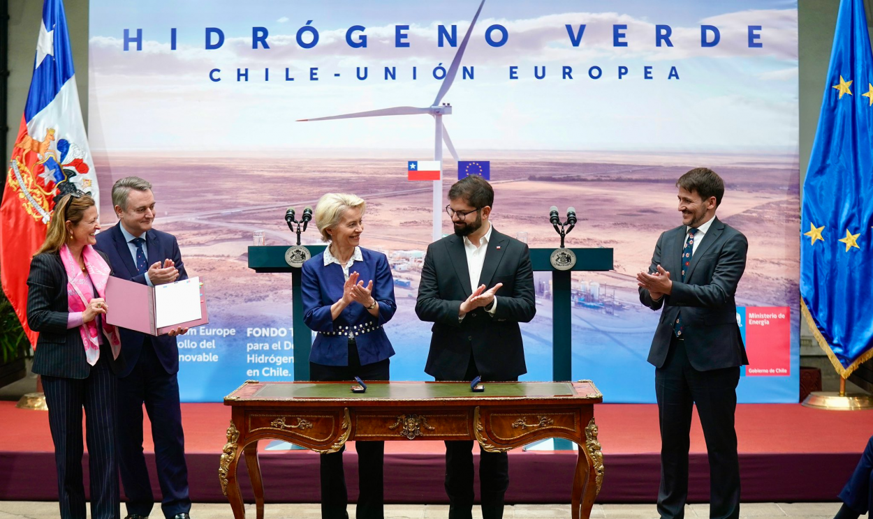 Parceria prevê investimento de 216 milhões de euros de instituições europeias no projeto chileno Estratégia Nacional de Hidrogênio Verde, lançado pelo presidente Boric em 2022