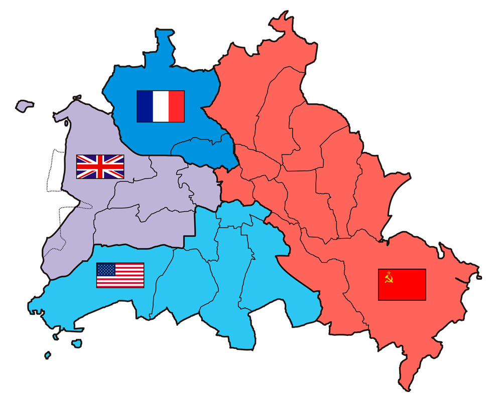 Mapa da divisão da cidade de Berlim após a Segunda Guerra: ao leste, a zona soviética; a oeste, as zonas norte-americana, francesa e inglesa