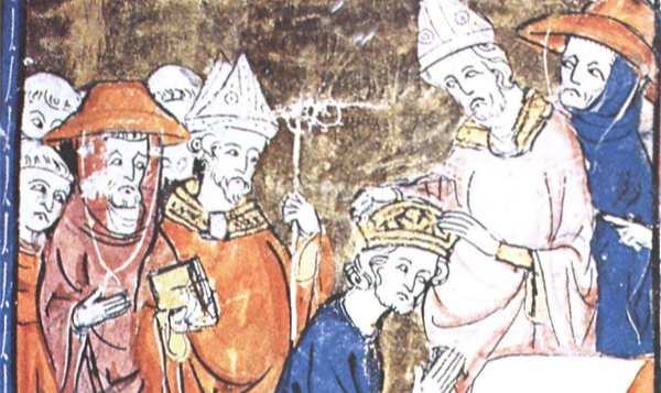 Papa Leão III coroa Carlos Magno e pronuncia a frase, em latim: 'Carlos, Augusto, coroado por Deus, grande e pacífico imperador, vida e vitória!'