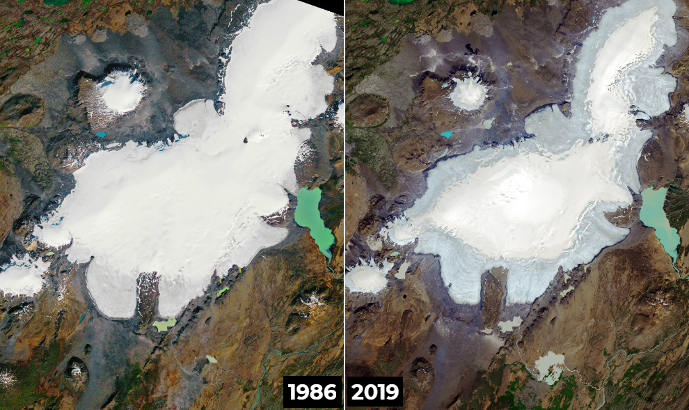 Em 1986, Okjökull aparece como uma mancha branca sólida cobrindo uma enorme encosta de montanha; em 2019, há apenas um círculo de gelo no topo de um vulcão e algumas áreas geladas próximas
