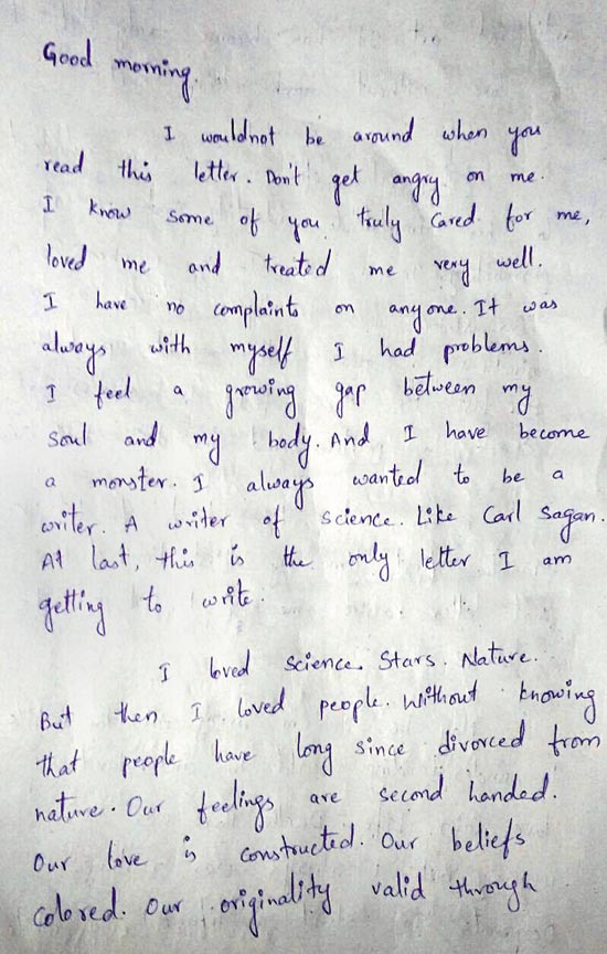 Primeiro trecho da carta deixada por Rohith