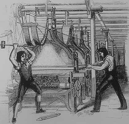 Desenho de dois ludistas destruindo uma máquina de tear em 1812| Wikicommons