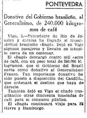 Em 1939, o jornal La Vanguardia Española noticiava uma doação de café realizada pelo Brasil. Doação é destinada pessoalmente ao “Generalíssimo”, que “ordenará o destino que se haja que dar” (Imagem: Hemeroteca La Vanguardia)