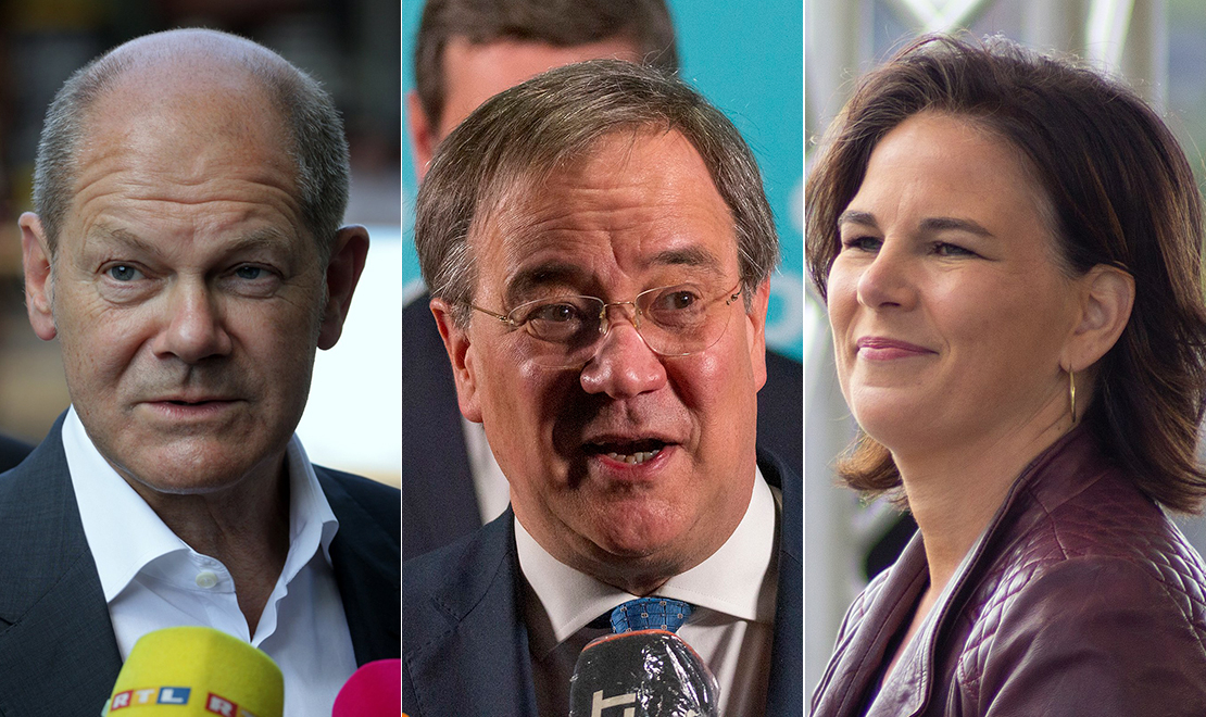Rostos de Olaf Scholz, candidato pela SPD, Armin Laschet, da CDU, e Annalena Baerbock, dos Verdes