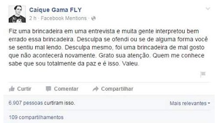 O integrante Caique Gama se pronunciou sobre o assunto em sua conta do Facebook (Reprodução/ Facebook Caique Gama Fly BR)