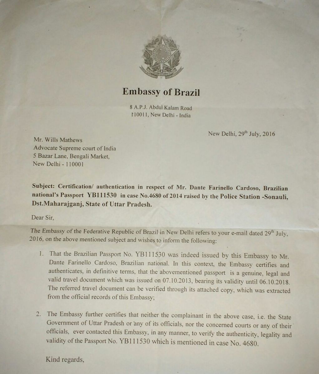 Documento enviada a Ana pela embaixada brasileira na Índia atesta que o passaporte de Dante é original, ao contrário do que afirma a Justiça indiana (Foto: Arquivo pessoal)