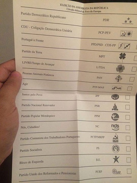 Cédula eleitoral para participação no pleito português