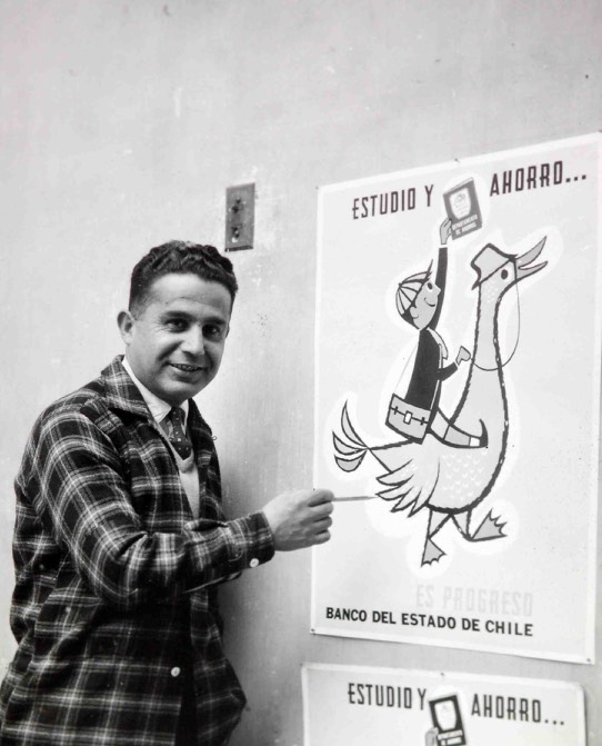 Morto em 1985, artista plástico Santiago Nattino com cartaz feito por ele, em 1971, para o Banco del Estado, durante o governo Allende