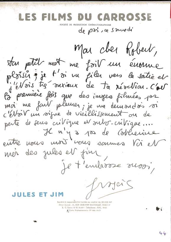 Carta de Truffaut a Robert Lachenay, parte da exposição no MIS